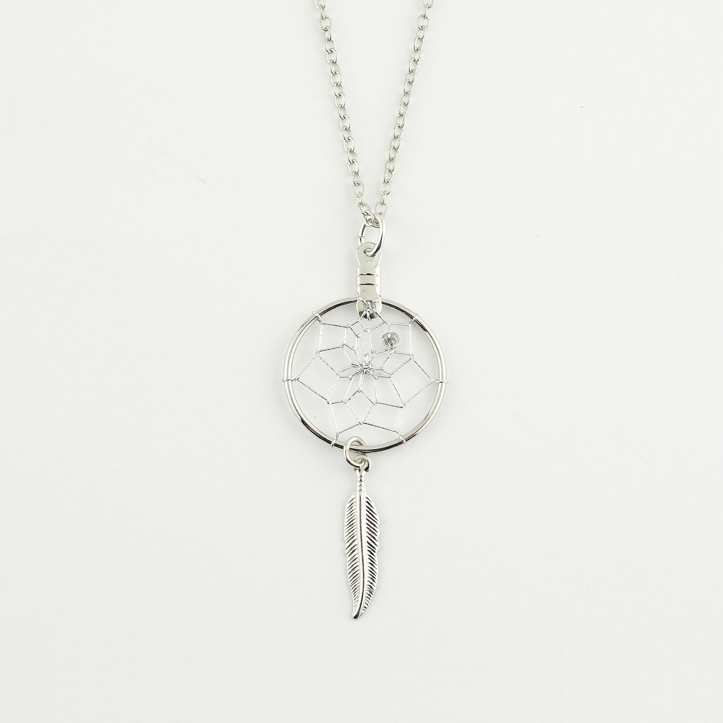 .75" Dream Catcher Necklace with a Metal Feather