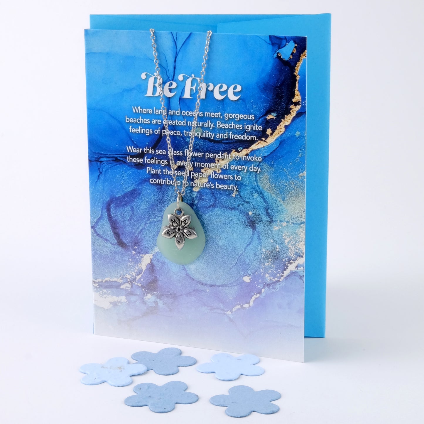 "Be Free" Greeting Card with Green Sea Glass Necklace and Plantable Seed Paper