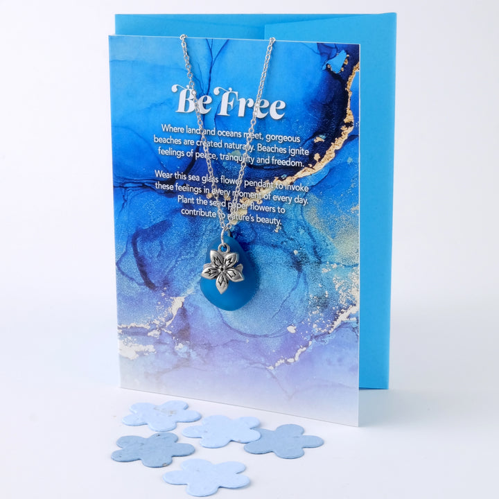 "Be Free" Greeting Card with Teal Sea Glass Necklace and Plantable Seed Paper